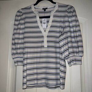 NWT Express off white blue stripe puff 3/4 sleeve henley shirt top woman's M